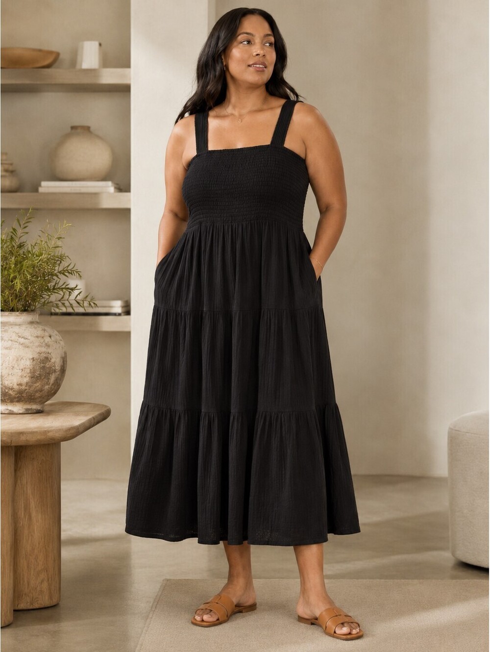 Quince 100% Organic Cotton Gauze Smocked Sleeveless Maxi Dress Large NWT